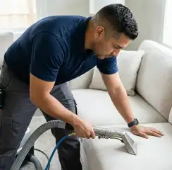 Professional upholstery cleaning technician using an extraction wand to deep-clean a fabric sofa, Oklahoma City, OK.