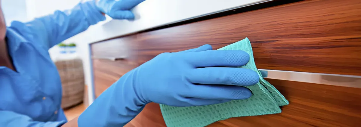 Cleaner wearing blue gloves wiping a wooden cabinet drawer with a microfiber cloth for dust and grime removal, Oklahoma City, OK.