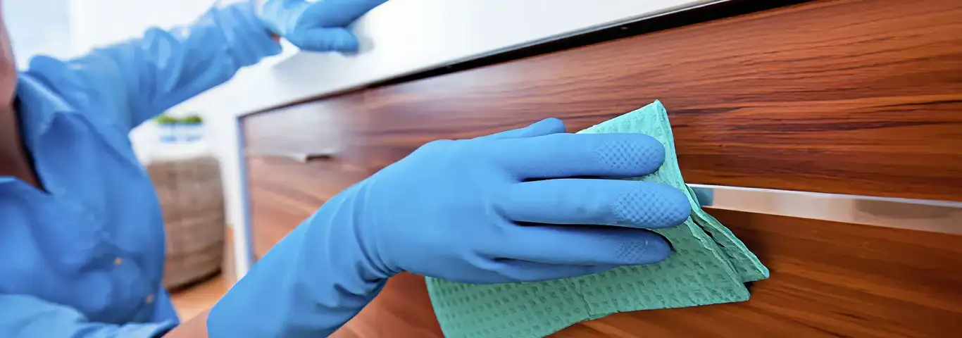 Cleaner wearing blue gloves wiping a wooden cabinet drawer with a microfiber cloth for dust and grime removal, Oklahoma City, OK.