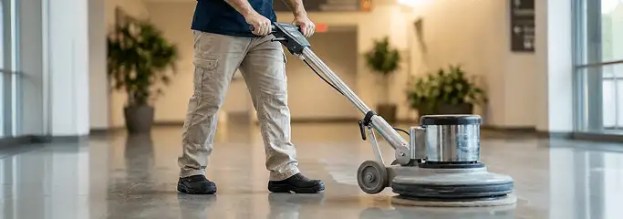 Professional technician using an industrial floor buffer to polish and maintain shiny commercial flooring in a corporate hallway in Oklahoma City, OK.