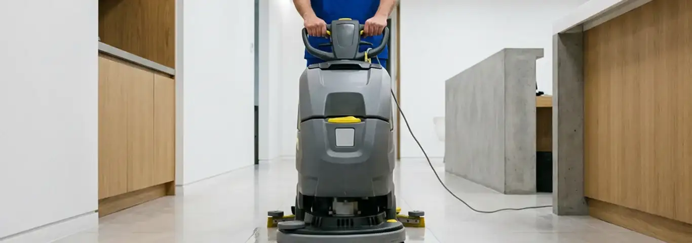 Janitorial staff using a floor scrubber machine to clean a commercial hallway, Oklahoma City, OK.