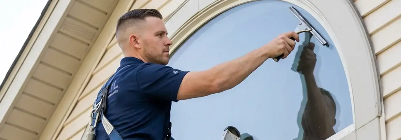 Professional window cleaner using a squeegee to clean an exterior arched window on a home, Oklahoma City, OK.