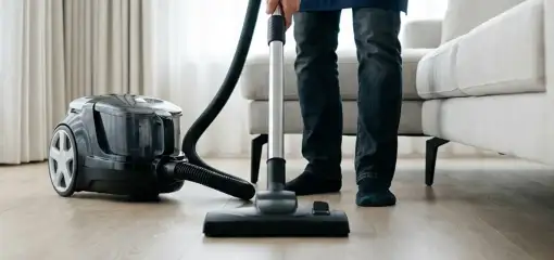 Professional house cleaner vacuuming a living room floor with a canister vacuum cleaner, Oklahoma City, OK.