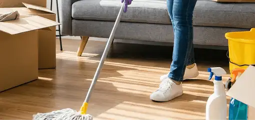 Move-out cleaning setup with a cleaner mopping hardwood floors near moving boxes and cleaning supplies, Oklahoma City, OK.