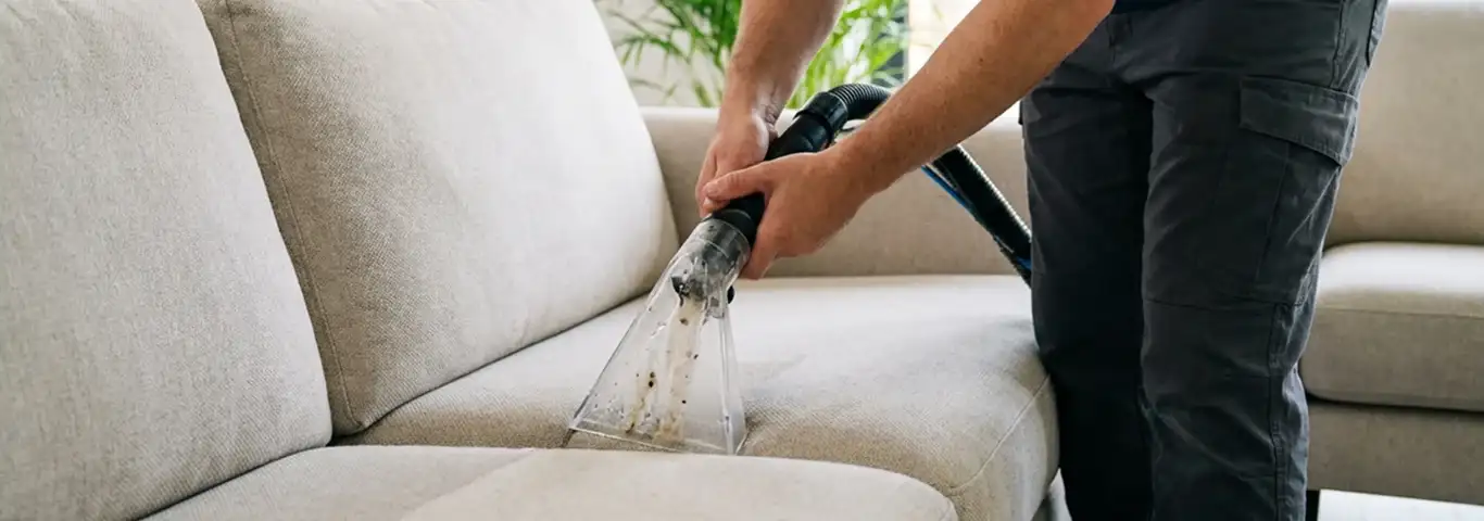 Technician extracting dirt and moisture from a fabric sofa with an upholstery cleaning wand, Oklahoma City, OK.