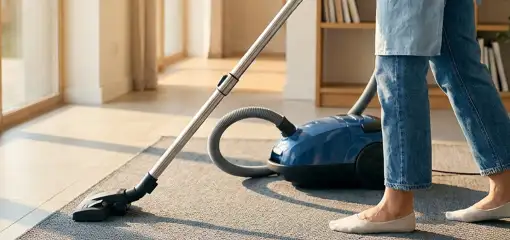 Person vacuuming a living room rug with a canister vacuum cleaner near large windows, Oklahoma City, OK.